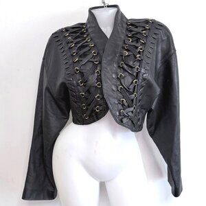 EREZ Leather Cropped Jacket Lace Up Black Corset Style Gold Hardware Size Small
